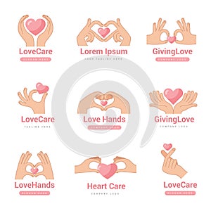 Hands hearts. Donation love and helping symbols recent vector stylizing pictures for friendship and happiness