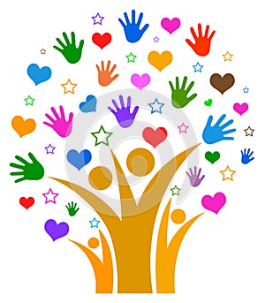 Hands and hearts with star family tree