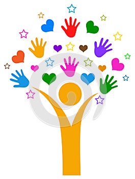 Hands and hearts with star people tree