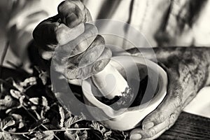 The hands of an herbalist preparing a new formulation