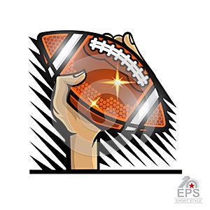 Hands hold american football ball touch down. Sport logo isolated on white for any team