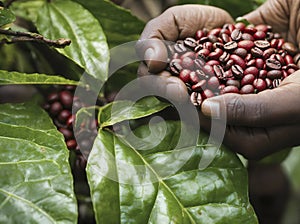 Hands hold brown roasted coffee beans. Harvesting coffee beans Field Plantation hand picking in farm. harvesting Robusta and photo