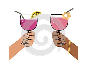 Hands hold cocktail clinking glass.Cheers toast, festive hand drawn alcohol drink