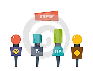 Hands hold different microphones, reporters interview for publishers, press, television.
