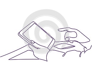 Hands Hold Digital Tablet Computer With Empty Screen Doodle Closeup