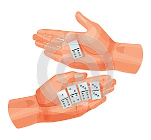 Hands hold domino dice, with various combinations of digital values.