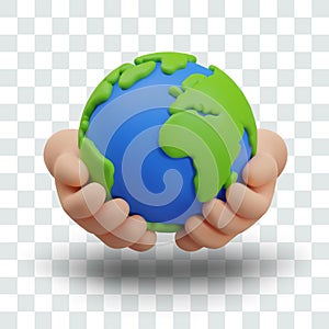 Hands hold Earth. Isolated 3D vector in cartoon style. Planet in human hands