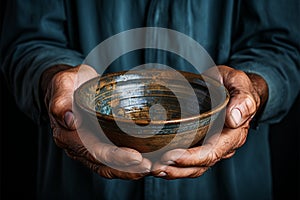 Hands hold empty bowl, portraying the harshness of hunger and economic hardship