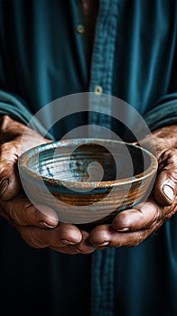 Hands hold empty bowl, portraying the harshness of hunger and economic hardship