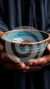 Hands hold empty bowl, portraying the harshness of hunger and economic hardship