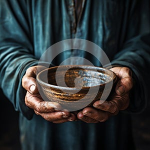 Hands hold empty bowl, portraying the harshness of hunger and economic hardship