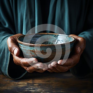 Hands hold empty bowl, portraying the harshness of hunger and economic hardship