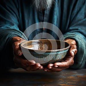 Hands hold empty bowl, portraying the harshness of hunger and economic hardship