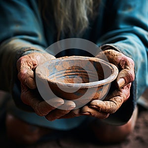 Hands hold empty bowl, portraying the harshness of hunger and economic hardship