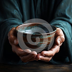 Hands hold empty bowl, portraying the harshness of hunger and economic hardship