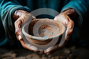 Hands hold empty bowl, portraying the harshness of hunger and economic hardship