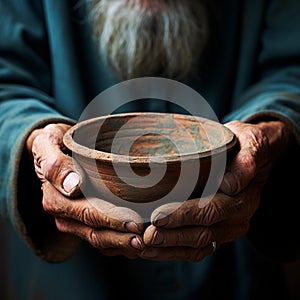 Hands hold empty bowl, portraying the harshness of hunger and economic hardship