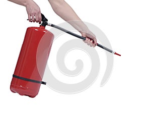 Hands hold on fire extinguisher on white background