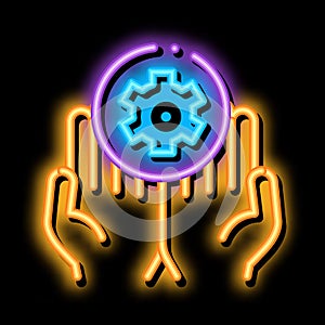 Hands Hold Gear neon glow icon illustration