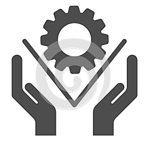 Hands hold gear solid icon, business cooperation concept, two hands holding cogwheel sign on white background, gear