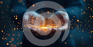 Hands hold glowing particles creating a magical effect in a dark setting