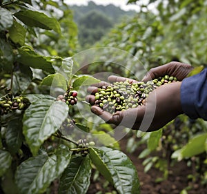 Hands hold green coffee beans. Harvesting coffee beans Field Plantation hand picking in farm. harvesting Robusta and arabica