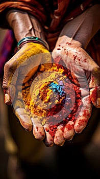 Hands hold a handful of Holi powder colors for the festival