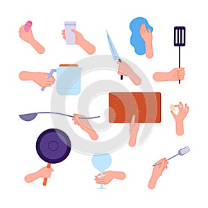 Hands hold kitchen tools. Woman hand holding knife, spoon fork and cutlery. People cooking, clean utensils in arms utter