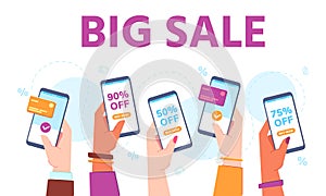 Hands hold phones with sales. Supermarket online discount shopping app. Hand buy in shop with mobile payment. Big sale