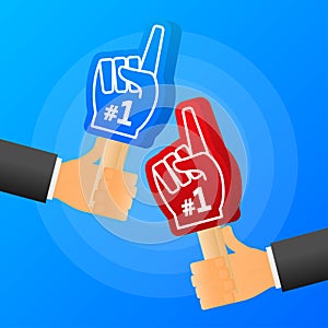 Hands hold red and blue of handsome fan hand glove with foam finge. Vector illustration. photo