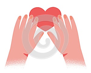 Hands hold red heart shape. Vector illustration for Valetines day, social media like, charity or blood or organ donor.