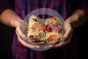 Hands hold Shawarma. Meat, vegetables and salad are wrapped in pita bread. Side view
