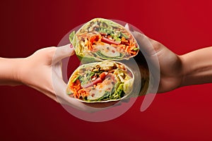 Hands hold Shawarma. Meat, vegetables and salad are wrapped in pita bread. Side view