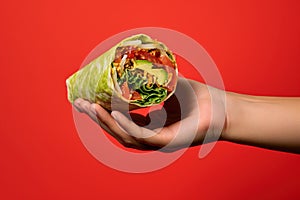 Hands hold Shawarma. Meat, vegetables and salad are wrapped in pita bread. Side view