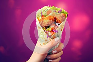 Hands hold Shawarma. Meat, vegetables and salad are wrapped in pita bread. Side view