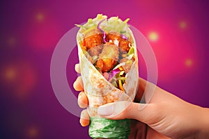 Hands hold Shawarma. Meat, vegetables and salad are wrapped in pita bread. Side view