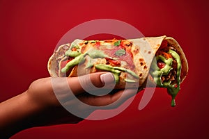 Hands hold Shawarma. Meat, vegetables and salad are wrapped in pita bread. Side view