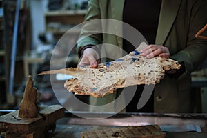 Hands hold a slab of burl wood with intricate grain, highlighting the natural artistry that woodworkers cherish and
