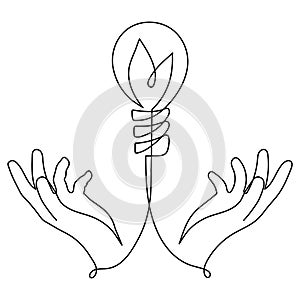 Hands hold slight bulb with leaves,one line art,hand drawn continuous contour.Green energy idea concept.Sign of environmental