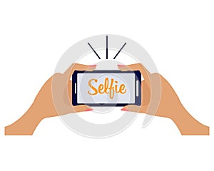 Hands hold a smartphone and take a selfie. Print, illustration vector