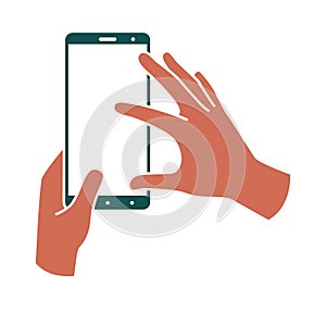 Hands hold smartphone vertically, finger touching the screen. Colored illustration on a white background. Vector line