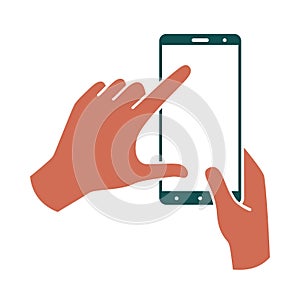 Hands hold smartphone vertically, finger touching the screen. Colored illustration on a white background. Vector line