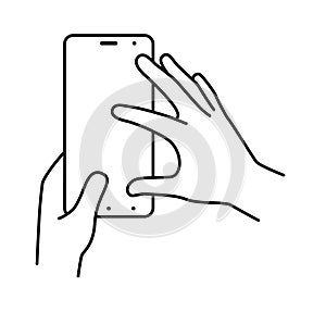 Hands hold smartphone vertically, finger touching the screen. Illustration on a white background. Vector line icons