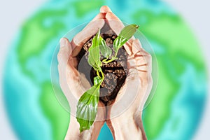 Hands hold a sprout with the earth on the background of a blurred image of the planet Earth.