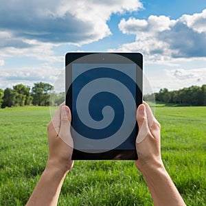 Hands hold tablet against a lush green field with distant trees photo