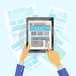 Hands Hold Tablet News Desk Newspapers Internet