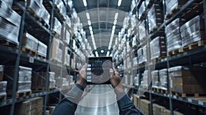 Tablet in warehouse management.AI generated image