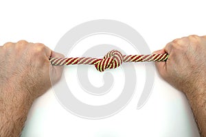 Hands hold tightly a rope with a knot on a white background close-up