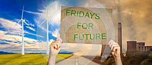 Hands hold up a poster with the inscription fridays for future photo