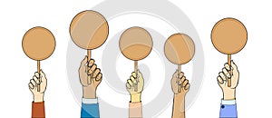 Hands hold up scorecards. Judging. Competition, quiz, exam concept. Vector illustration